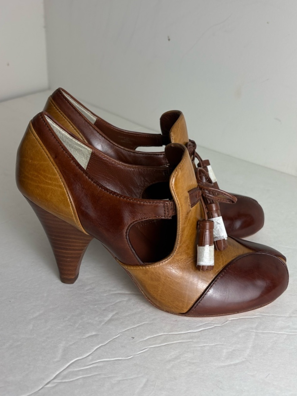 Max Studio Two-Tone Brown and Tan Leather Heels with Tassel Detail